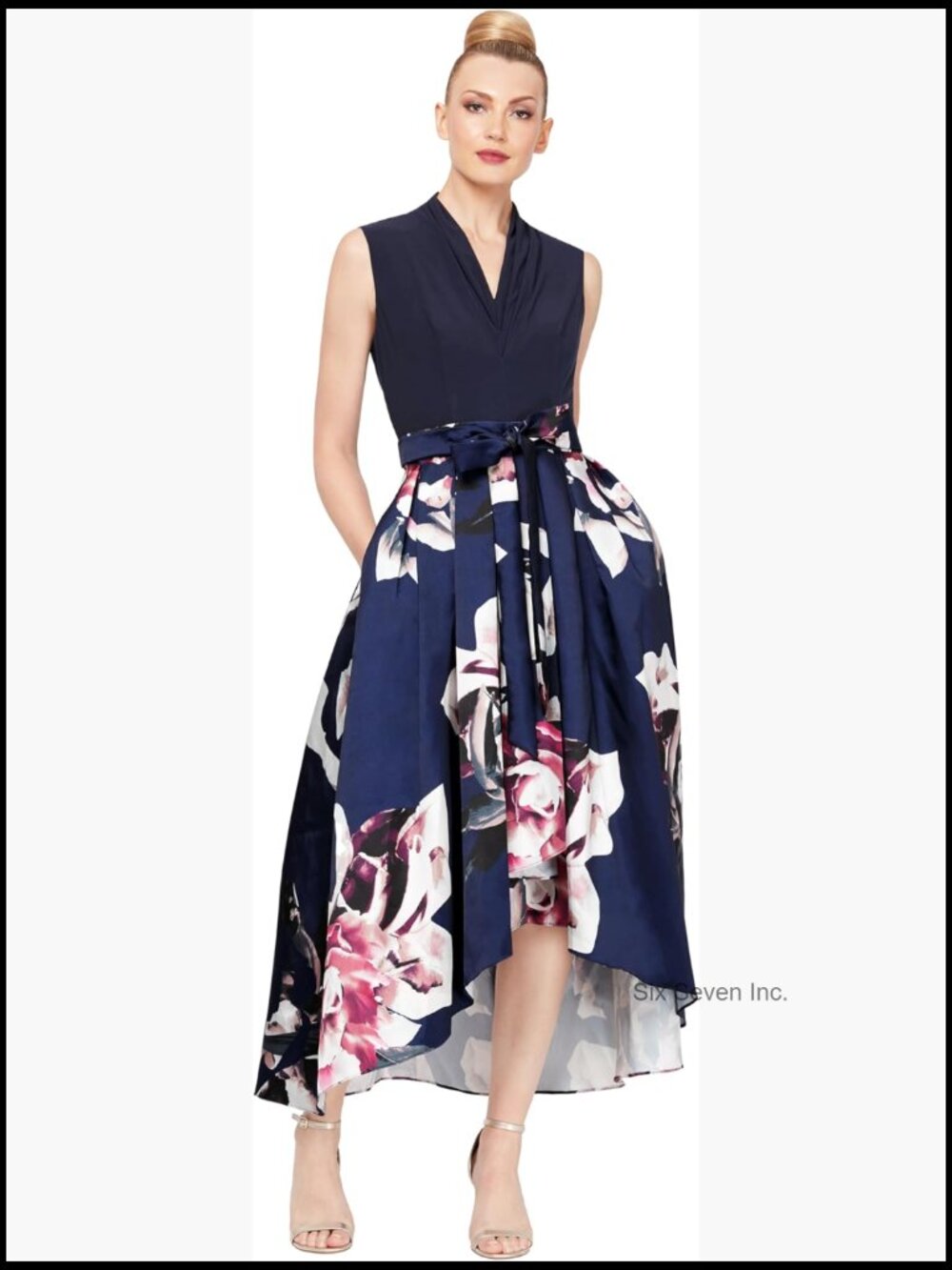 Sleeveless V-Neck Floral High-Low Gown with Pockets and Stretch Bodice, Wedding